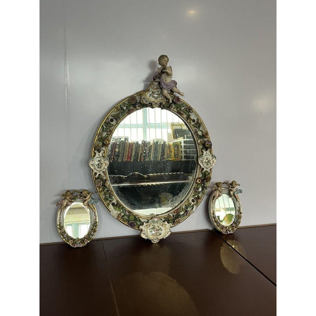 Antique Porcelain Wall or Mantel Mirrors with Cherubs and Birds from Meissen, Germany, Set of 3 For Sale - Image 9 of 18