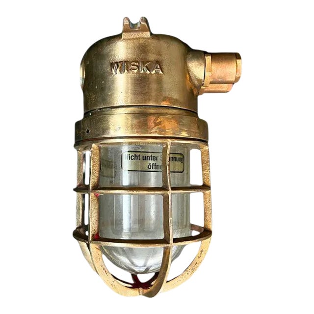 Early 20th Century Wiska Brass Cage Ship Ceiling Light With Two Side Conduits For Sale
