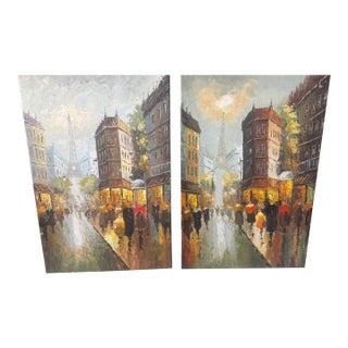 Vintage Paintings Paris Street Scene 2pc For Sale