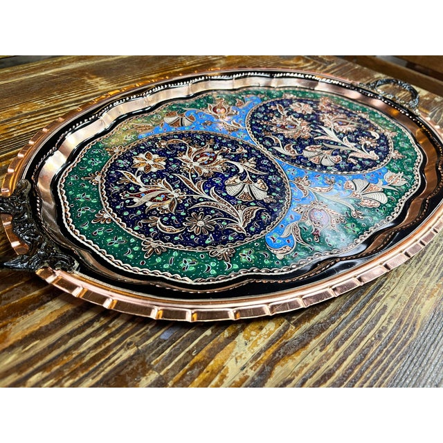 Engraved Oval Copper Tray with Handles For Sale - Image 9 of 11