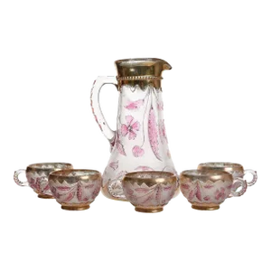 1930s Glass Pitcher & Cup Set- 6 Pieces