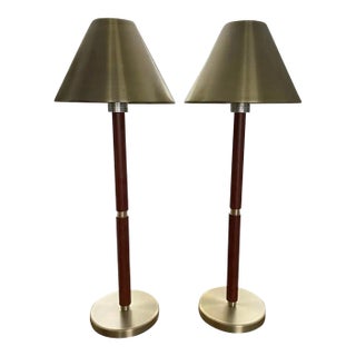 Ralph Lauren Brown Leather-Wrapped and Brush Brass/Metal Tall Buffet Lamps, a Pair For Sale