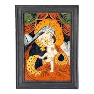 Vintage German Reverse Glass Folk Art Painting of Madonna and Child For Sale
