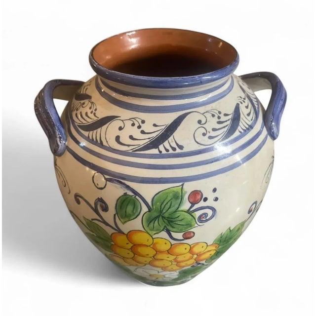 Italian Hand-Painted Italian Maiolica-Style Ceramic Double-Handled Vase For Sale - Image 3 of 4