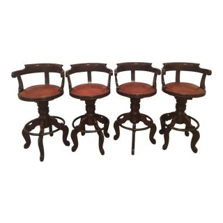Leather and Wood Bar Stools - Set of 4 For Sale