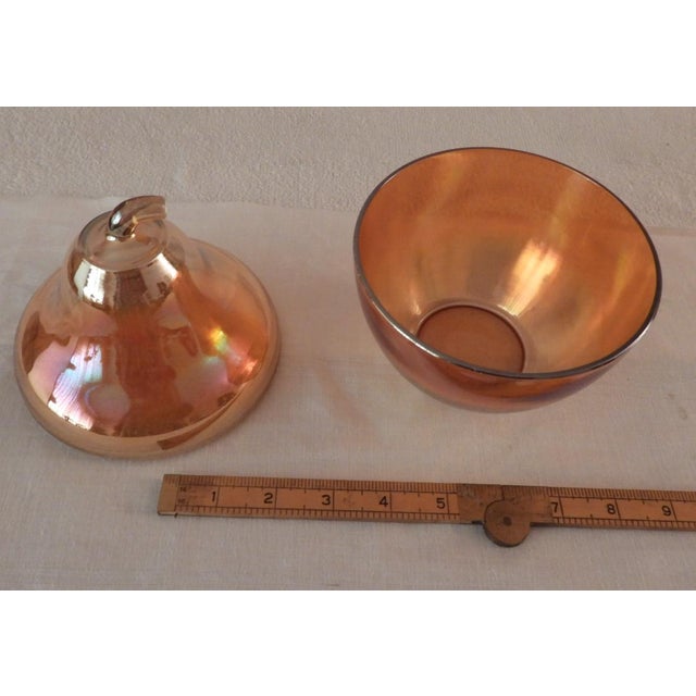 Jeannette Glass Vintage 1930s Jeannette Carnival Glass Marigold Pear Shaped Candy Jar For Sale - Image 4 of 5