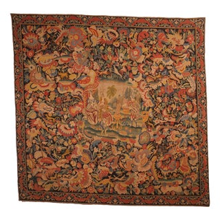 19th Century Brussels Tapestry with Flowering Verdure and Gallant Scene For Sale