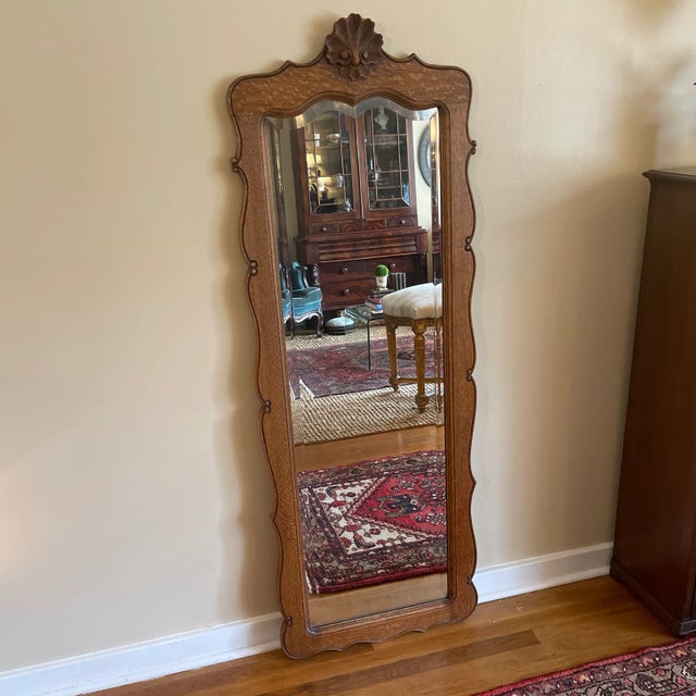 Antique 19th Century Hand Carved Oak French Louis XV Rococo Style Full length, wall mirror with scalloped edge with scroll...