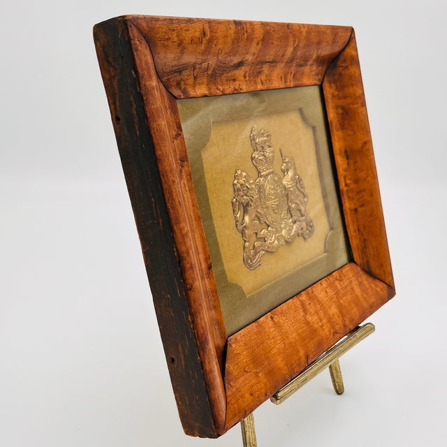 Wood Vintage Framed English Brass Royal Coat of Arms in Burlwood Frame With Green Velvet Mat For Sale - Image 7 of 16