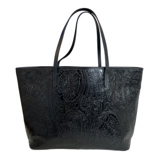 Etro Signature Black Embossed Paisley Leather Zippered Shopper Tote Bag For Sale