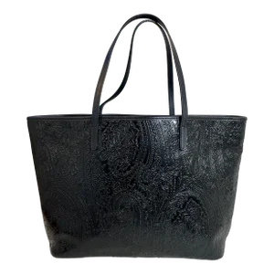 Etro Signature Black Embossed Paisley Leather Zippered Shopper Tote Bag -