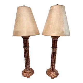 Vintage Faux Bamboo Table Lamps With Patinated Finish, Pair For Sale