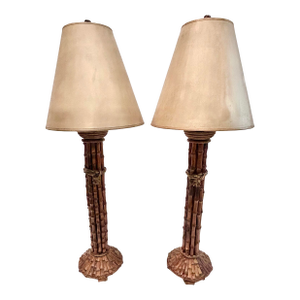 Vintage Faux Bamboo Table Lamps With Patinated Finish, Pair