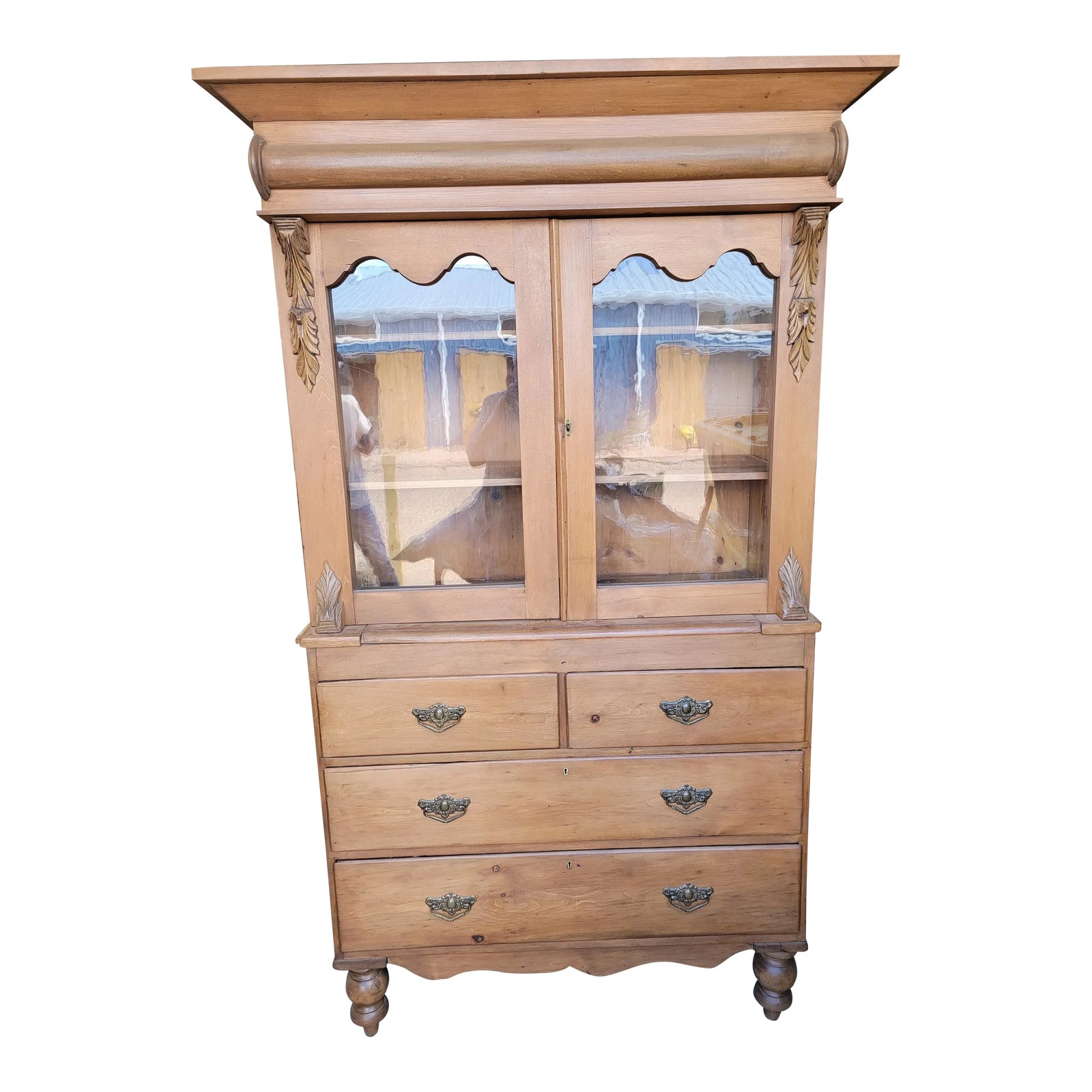 Classic Victorian Glass Fronted Luxury Reference: Antique Pine Original Irish Two Piece Victorian Glass Fronted Dresser
