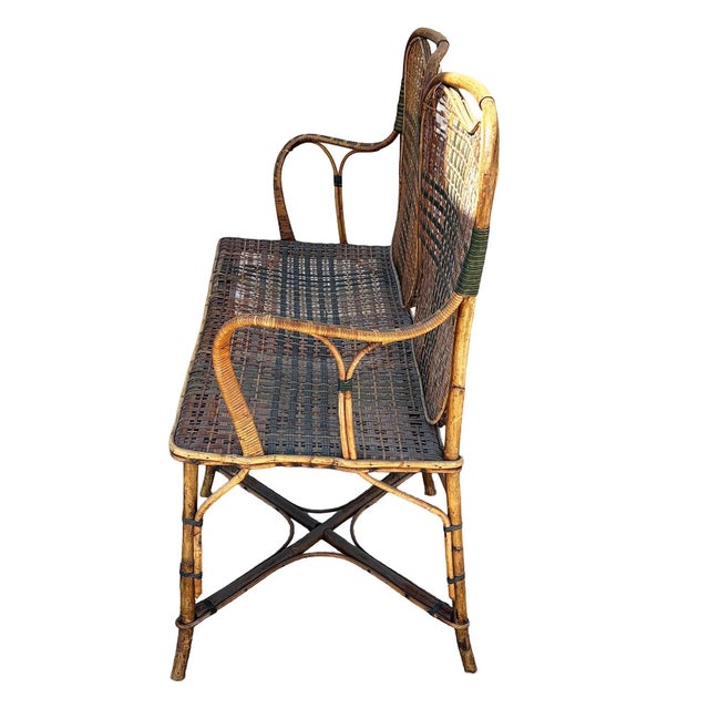 Restored Aesthetic Movement Tiger & Tortoise Bamboo Bench Settee W/ Woven Seat For Sale In Los Angeles - Image 6 of 8
