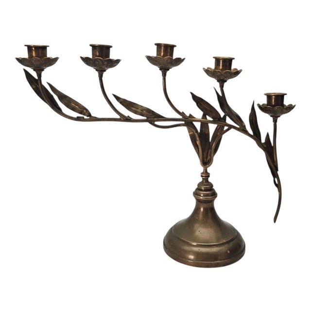 1910s French Art Nouveau Brass Lily Botanical Candelabra, 5-Light, Early 20th Century 15" For Sale - Image 5 of 10