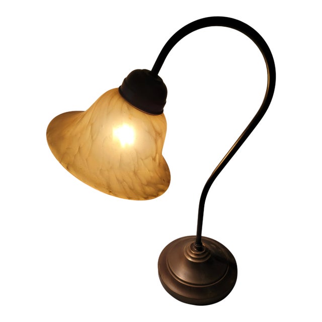 VIntage Desk Lamp With Amber Mixed Glass Glow Shade For Sale