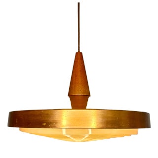 Mid-Century Danish Copper Pendant Lamp with Teak Top and Sculptural Acrylic Diffuser, 1960s For Sale