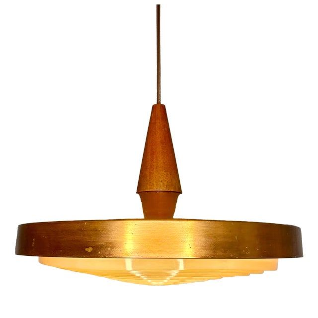 Mid-Century Danish Copper Pendant Lamp with Teak Top and Sculptural Acrylic Diffuser, 1960s For Sale