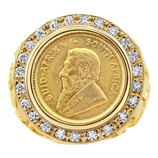 Krugerand South African Diamond Coin Ring with Nugget Band, Size 10 For Sale