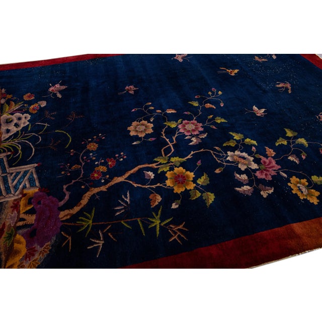Blue Antique Art Deco Chinese Handmade Floral Blue Wool Rug For Sale - Image 8 of 13