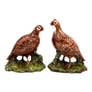 Charming Vintage Holland Mold Quail Figurines – Hand-Painted Majolica Style Birds - Cottagecore, English Country, Traditional, Lodge, Woodland For Sale