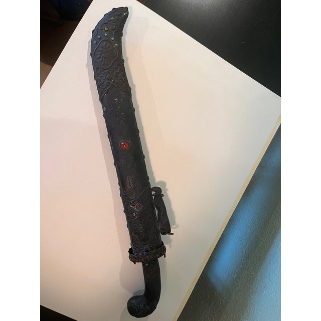 Vintage Sino Tibetan Short Sword Dagger Hand Forged Steel Repousse Scabbard 25" For Sale - Image 15 of 15