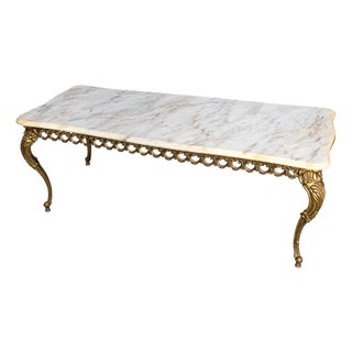 Vintage French Hollywood Regency / Louis XV Style Marble Coffee Table with Brass Legs, 1960s For Sale