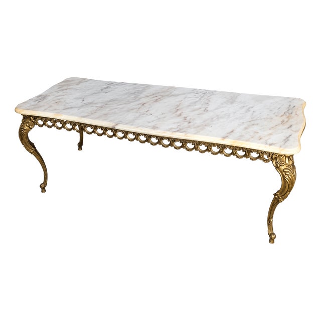 Vintage French Hollywood Regency / Louis XV Style Marble Coffee Table with Brass Legs, 1960s For Sale