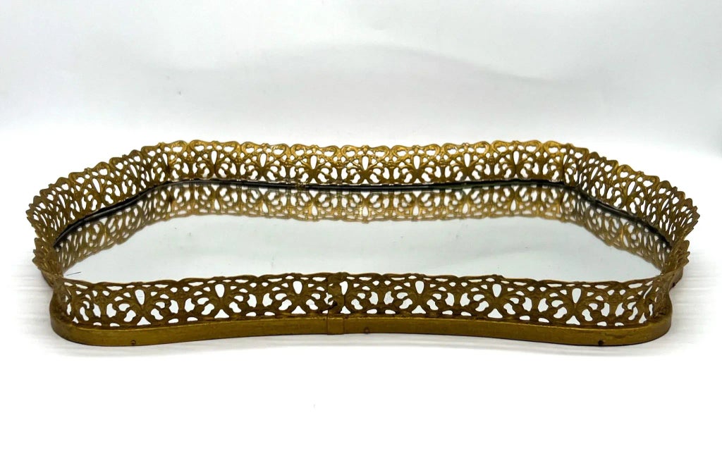 Vintage Hollywood Regency Gold Gilt Mirrored Vanity Tray Round 