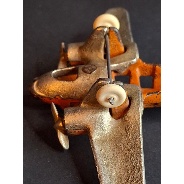 Orange Share Vintage 1930s Hubley Cast Iron Tat Nc-491 Dual Prop Airplane Toy Orange Nickel For Sale - Image 8 of 15
