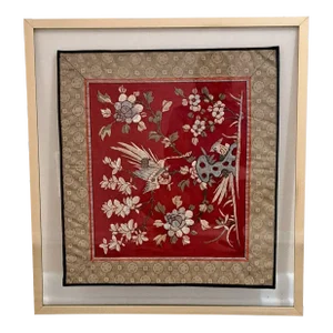Mid 20th Century Chinese Silk Embroidered Tapestry Panel With Birds & Floral Motifs Framed