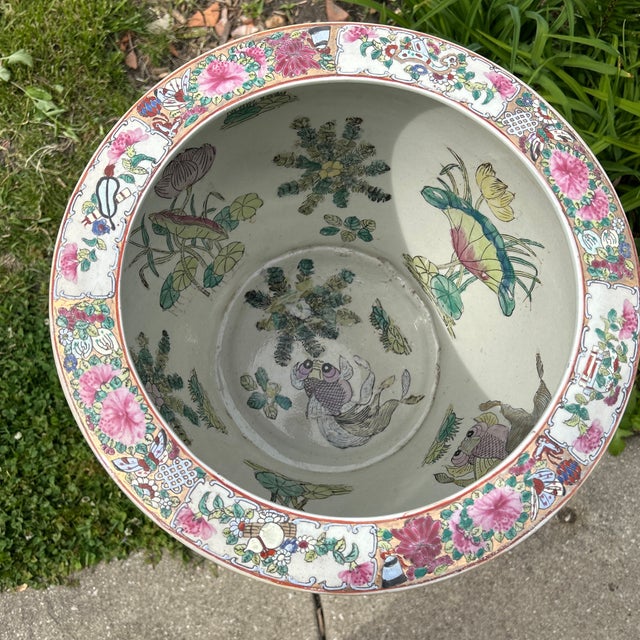 Vintage Large Porcelain Hand Painted Medallion Chinese Famille Rose Fishbowl /Jardiniere For Sale - Image 4 of 12