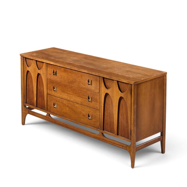 Brown Broyhill Brasilia Mid Century Walnut and Brass Credenza For Sale - Image 8 of 9