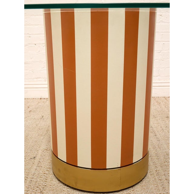 Mid 20th Century Postmodern Orange and Cream Striped Pedestal Dining Table With Glass Top For Sale - Image 4 of 9