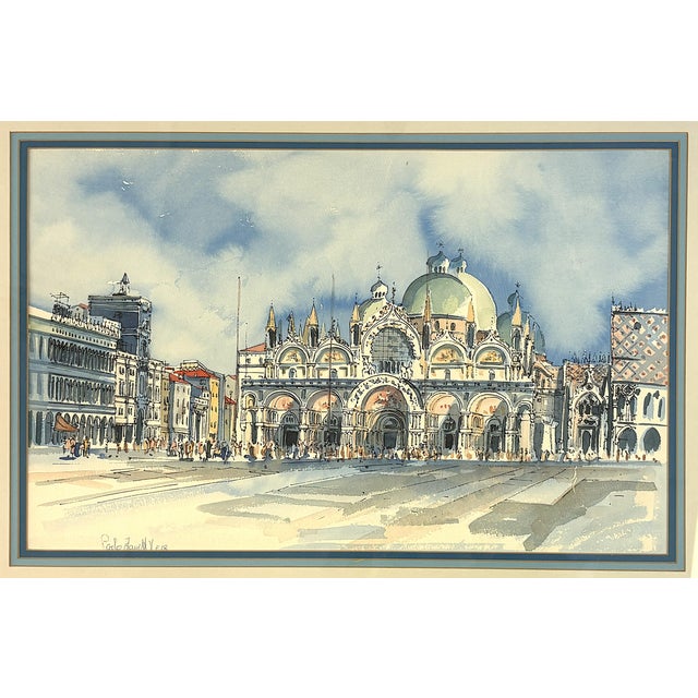 Boho Chic Signed and Framed Original Watercolor Painting of 'The Piazza at San Marco Square' For Sale - Image 3 of 18