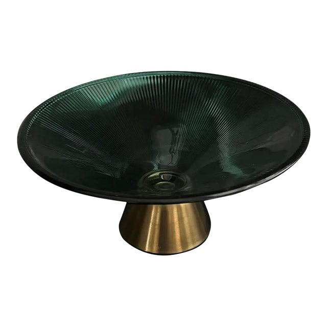1950s Mid-Century Smoked Glass & Brass Pedestal Compote Bowl Reeded For Sale