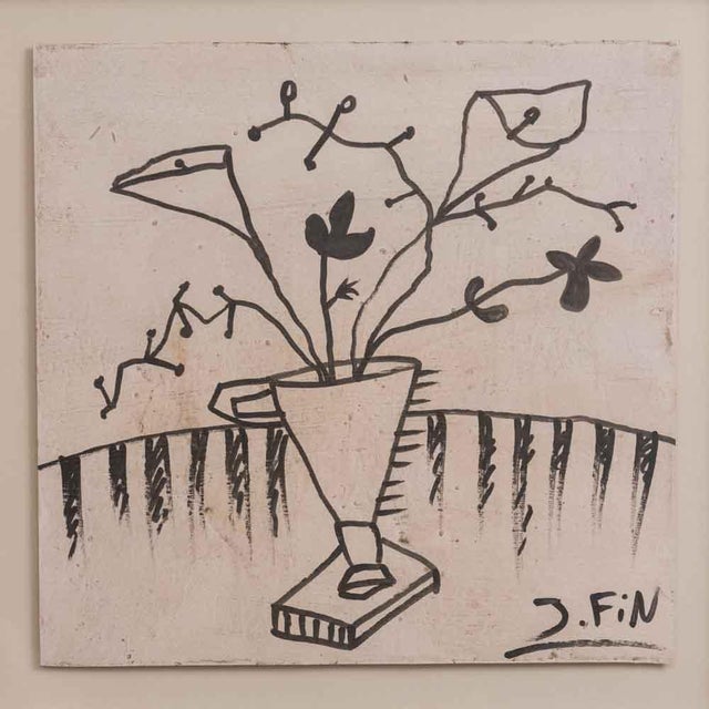 Stunning and rare vintage original still life drawing by artist José Fin, from Spain, 1950s. Drawing depicts a floral...