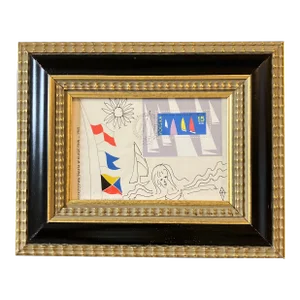 Contemporary Original Judy Henn Abstract Ink Drawing/Collage “First Day With Sails” Framed