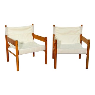 60's Michel Arnoult attr. Sling Safari Beechwood and Canvas Armchairs - A Pair For Sale