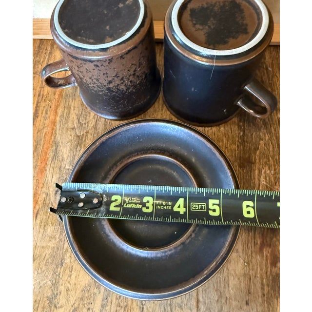 1960s Vintage Duos Arabia Finland Ruska Stoneware 2 Coffee Cups & Saucer For Sale - Image 5 of 7