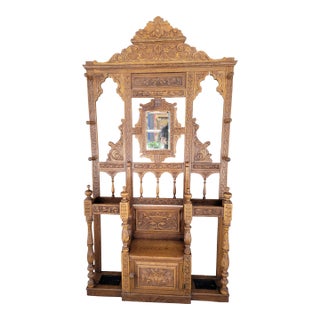 Antique Hall Tree Carved Oak Victorian Gothic Revival Ca. 1895-1915 For Sale