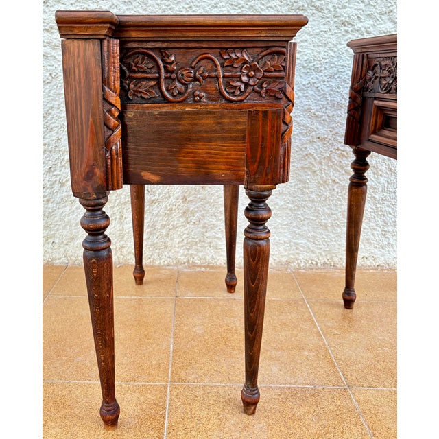 Pair of Spanish Carved Oak Nightstands With Drawer, 1930s For Sale - Image 12 of 15