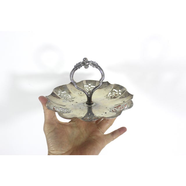Vintage Small Silver Bonbon Dish With Handle Ruffled Edge Tray, Round Silver Plated Dish With Pierced Cutout Details Patina Trinket For Sale - Image 6 of 9
