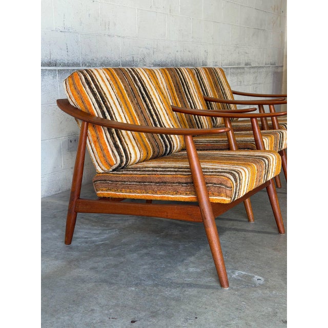 Solid Teak Lounge Armchairs in Style of Folke Ohlsson Set of 3 Striped Upholstery Danish Mid-Century Modern 1960s For Sale - Image 4 of 12
