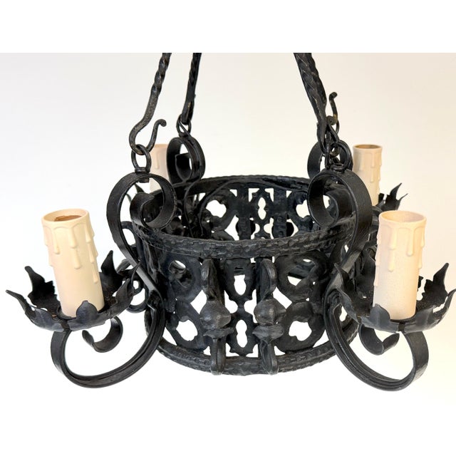 Black Addison Mizner Style Spanish Colonial Wrought Iron Four-Light Chandelier For Sale - Image 8 of 18
