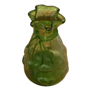 Mid-Century Modern Vintage Hand Blown Art Glass Green Vase With Bubbles and String Bow