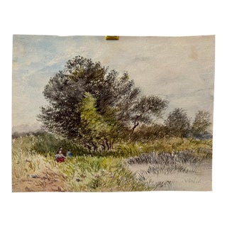 Early 20th Century Attributed to Frank Henry Mason British Figurative Marsh Landscape Watercolor For Sale