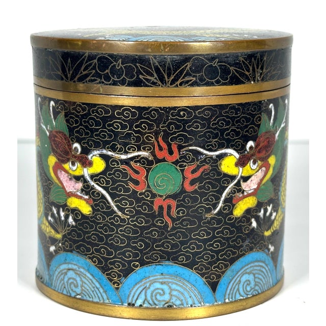 Antique Chinese Cloisonne Dragon Flaming Pearl Tea Caddy for your consideration. The tea caddy measures approx. 3 5/8...