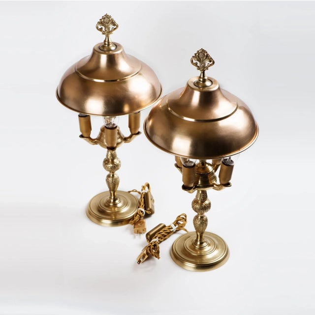 French Brass 4-Lights Table Lamps With Brass Shades - a Pair For Sale - Image 3 of 9